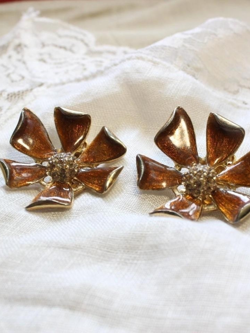 Elegant Brown Enamel Flower Clip-On Earrings - Gold-Tone Accents